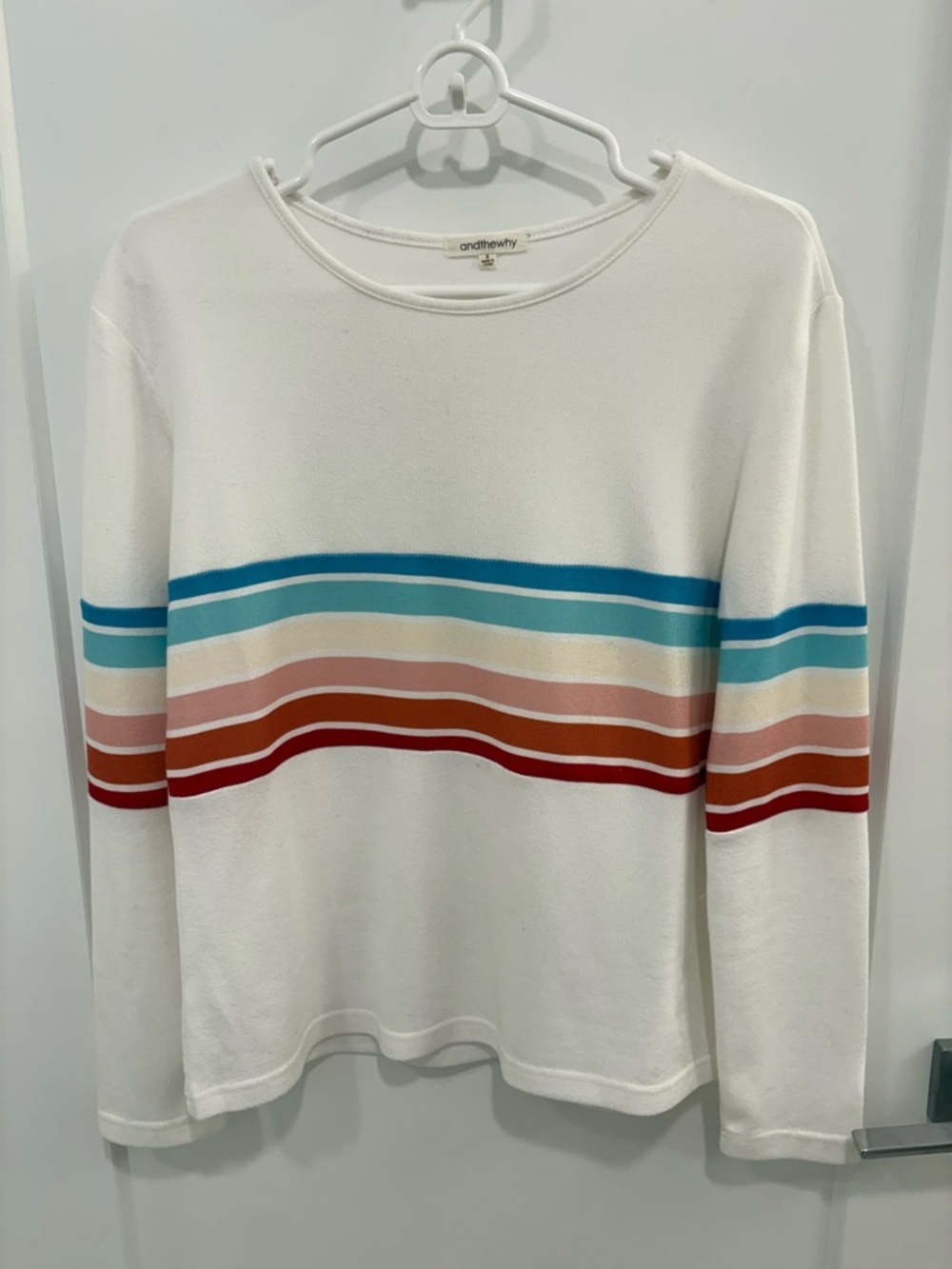 And The Why White Rainbow Stripe Retro  Long Sleeve T-shirt Size Small